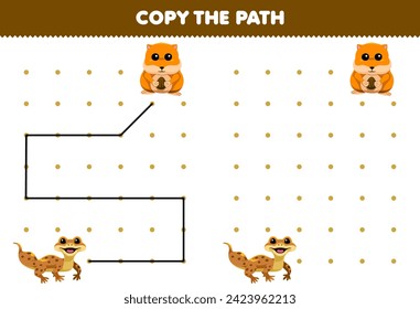 Education game for children copy the path help gecko move to the hamster printable pet worksheet