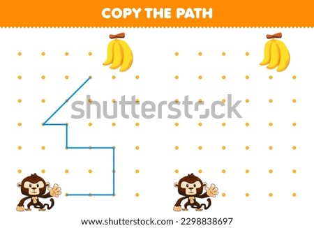 Education game for children copy the path help monkey move to the banana printable animal worksheet