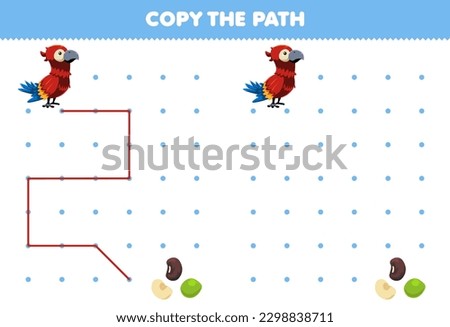 Education game for children copy the path help parrot move to the bean printable animal worksheet