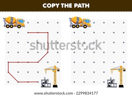 Education game for children copy the path help concrete mixer truck move to the building site printable transportation worksheet