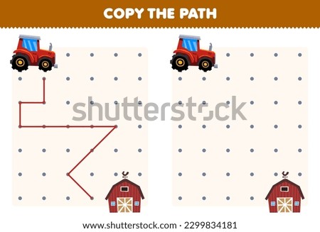 Education game for children copy the path help tractor move to the farm printable transportation worksheet