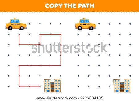 Education game for children copy the path help taxi move to the hotel building printable transportation worksheet