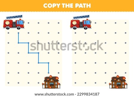Education game for children copy the path help firetruck move to the fire house printable transportation worksheet