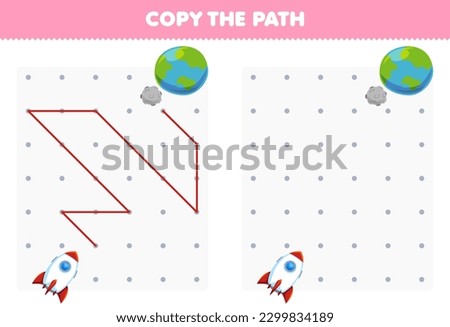 Education game for children copy the path help rocket move to the planet printable transportation worksheet