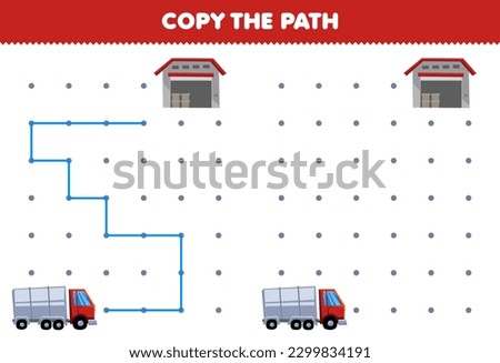Education game for children copy the path help truck move to the warehouse printable transportation worksheet