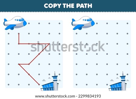 Education game for children copy the path help plane move to the airport printable transportation worksheet