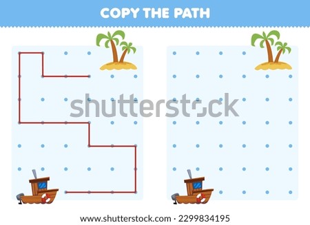 Education game for children copy the path help ship move to the island printable transportation worksheet