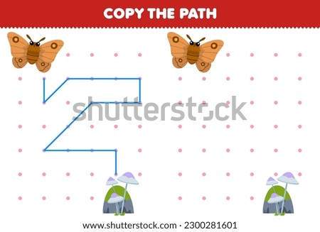 Education game for children copy the path help moth move to the stone and mushroom printable bug worksheet