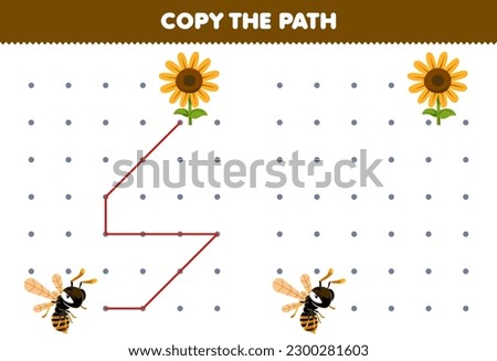 Education game for children copy the path help bee move to the sunflower printable bug worksheet