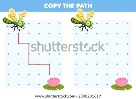 Education game for children copy the path help dragonfly move to the lotus flower printable bug worksheet