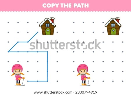 Education game for children copy the path help girl playing ski move to the house printable winter worksheet