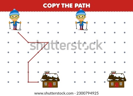 Education game for children copy the path help boy playing ski move to the house printable winter worksheet