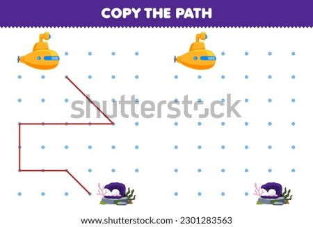 Education game for children copy the path help submarine move to the coral printable underwater worksheet