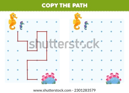 Education game for children copy the path help sea horses move to the coral printable underwater worksheet