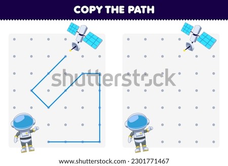 Education game for children copy the path help astronaut move to the satellite printable solar system worksheet