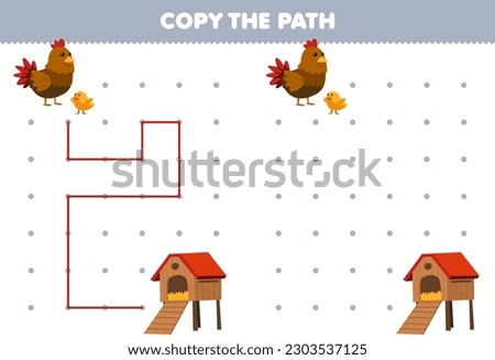 Education game for children copy the path help chicken move to the chicken coop printable farm worksheet
