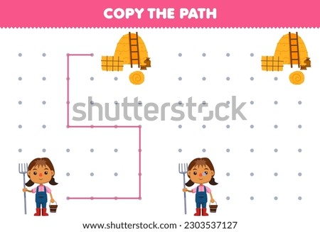 Education game for children copy the path help farmer girl move to the hay printable farm worksheet