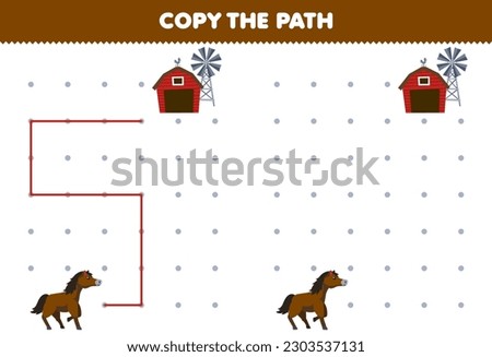 Education game for children copy the path help horse move to the barn and windmill printable farm worksheet