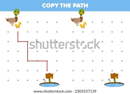 Education game for children copy the path help duck move to the pond printable farm worksheet