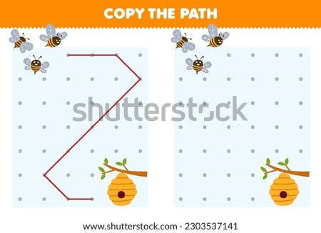 Education game for children copy the path help bee move to the beehive printable farm worksheet