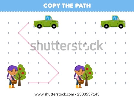 Education game for children copy the path help farmer girl move to the pickup truck printable farm worksheet