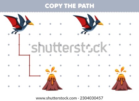 Education game for children copy the path help pteranodon move to the volcano printable prehistoric dinosaur worksheet