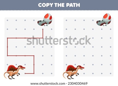 Education game for children copy the path help spinosaurus move to the egg printable prehistoric dinosaur worksheet