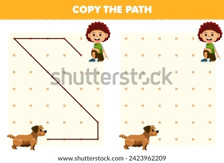 Education game for children copy the path help dog move to the boy printable pet worksheet