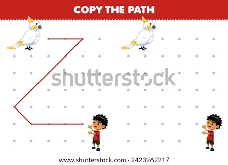 Education game for children copy the path help bird move to the boy printable pet worksheet