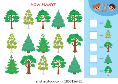 Education game for children. Count how many trees and write the result. Kids learning material. Preschool worksheet activity. Children funny riddle entertainment. Vector Illustration