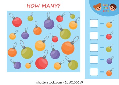 Education game for children. Count how Christmas balls and write the result. Kids learning material. Preschool worksheet activity. Children funny riddle entertainment. Vector Illustration