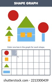 Education game for children count how many shape of circle square triangle and rectangle then color the box in the graph printable shapes worksheet