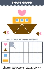 Education game for children count how many shape of heart triangle square and rectangle then color the box in the graph printable shapes worksheet