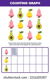 Education game for children count how many cute cartoon cashew pear avocado then color the box in the graph printable fruit worksheet