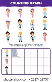 El juego de educación para niños cuenta cuántos lindos médicos y enfermeras de dibujos animados colorean luego la caja en la hoja de cálculo de la profesión imprimible del gráfico