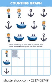 El juego de educación para niños cuenta cuántos adorables marineros de dibujos animados anclan el barco y colorea el cuadro en la hoja de cálculo de la profesión imprimible del gráfico