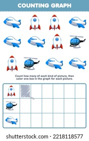 Education game for children count how many cute cartoon rocket helicopter plane then color the box in the graph printable transportation worksheet