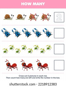 Juego de educación para niños cuenta cuántas mantis de escarabajo de caricatura son lindas y escribe el número en la hoja de cálculo de fallos imprimible de caja