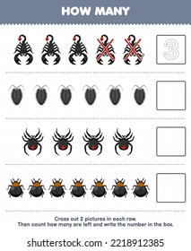 Education game for children count how many cute cartoon scorpion louse spider beetle and write the number in the box printable bug worksheet