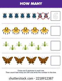 Education game for children count how many cute cartoon beetle spider dragonfly butterfly and write the number in the box printable bug worksheet