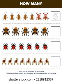 Education game for children count how many cute cartoon cockroach spider ladybug scorpion and write the number in the box printable bug worksheet
