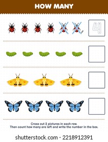 Education game for children count how many cute cartoon ladybug caterpillar moth butterfly and write the number in the box printable bug worksheet