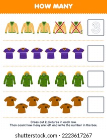 Juego de educación para niños cuenta cuántos lindos caricaturistas cardigan jersey parka camisa y escribe el número en la caja de la hoja de cálculo de ropa de uso imprimible