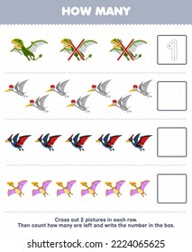 Education game for children count how many cute cartoon flying dino and write the number in the box printable prehistoric dinosaur worksheet