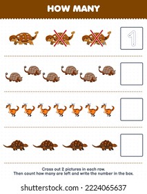 Education game for children count how many cute cartoon brown dino and write the number in the box printable prehistoric dinosaur worksheet