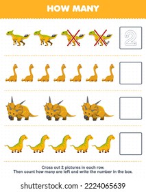 Education game for children count how many cute cartoon yellow dino and write the number in the box printable prehistoric dinosaur worksheet