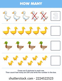 Education game for children count how many cute cartoon goose duck duckling and write the number in the box printable farm worksheet