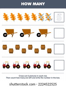 Juego de educación para niños cuenta cuántos atractivos tractores de barril de hoja de caricatura y escribe el número en la hoja de cálculo de la granja de cajas imprimibles