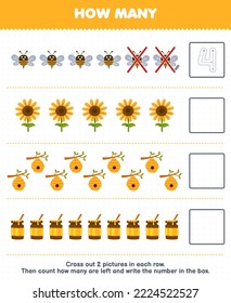 Education game for children count how many cute cartoon bee sunflower beehive honey and write the number in the box printable farm worksheet