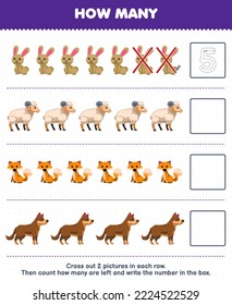 Education game for children count how many cute cartoon rabbit sheep fox dog and write the number in the box printable farm worksheet